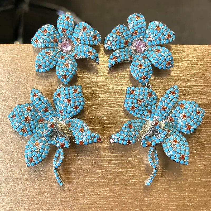 Bilincolor Luxury Blue Double Flower Big Earring for Women Wedding Jewelry Party Gift