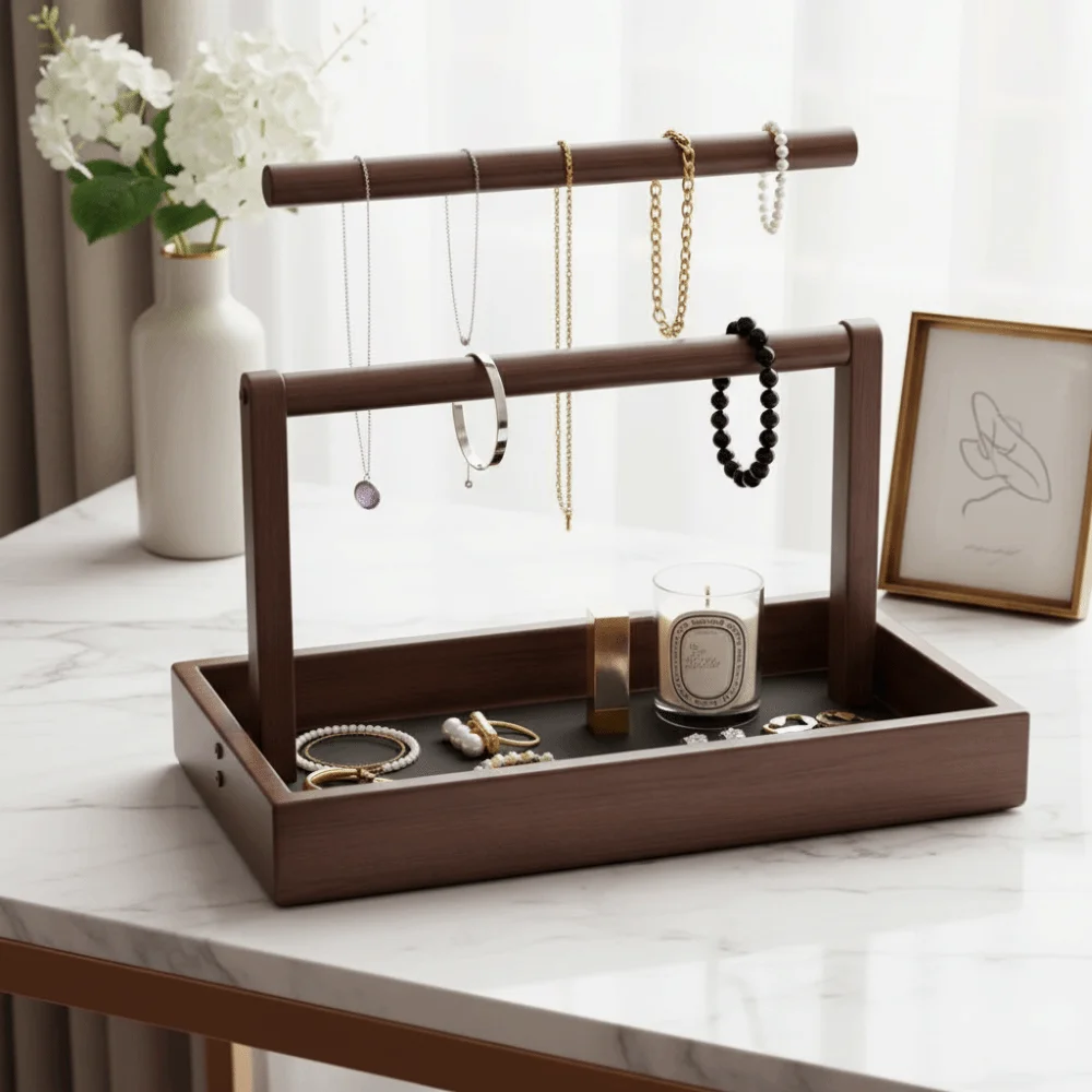 Solid Wood Jewelry Stand Large Size Multi-Layer Design Ring Earring Necklace Display Retro Style With Hook