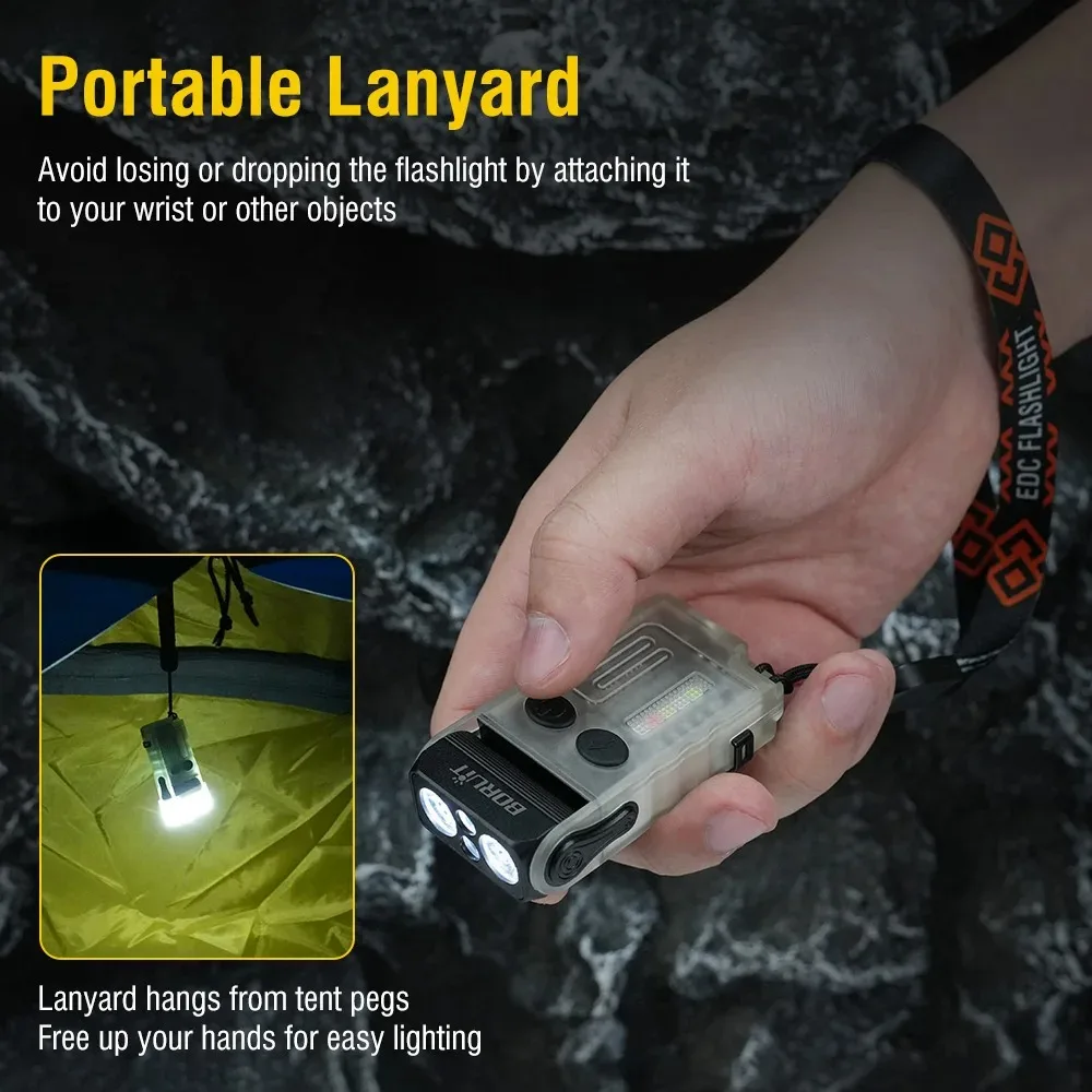 BORUiT V20 LED Flashlight Keychain 180°Rotation UV Magnetic Beep Clip USB-C Rechargeable Camping Fishing Torch Alarm Emergency