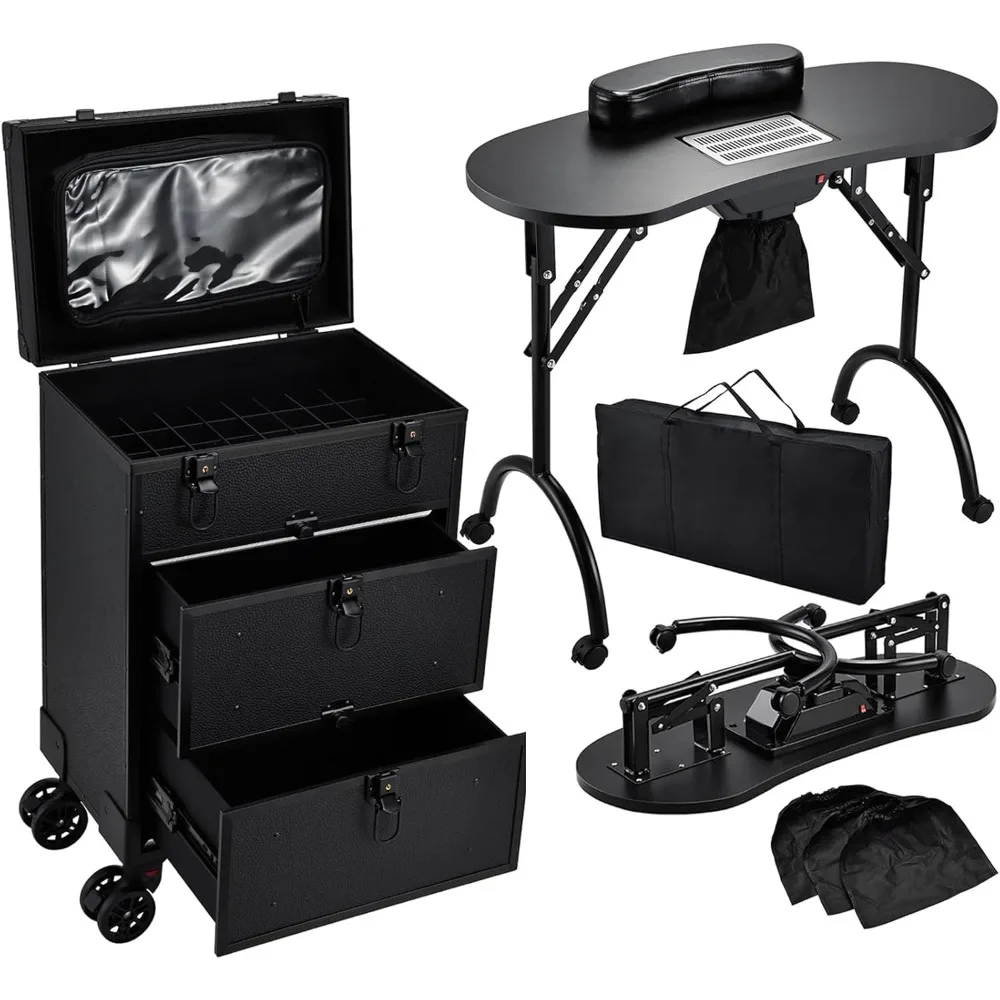 

Makeup Train Case With 2 Extra Large Drawers, Nail Organizer, Foldable Table With Electric Dust Collector, Manicure Desk