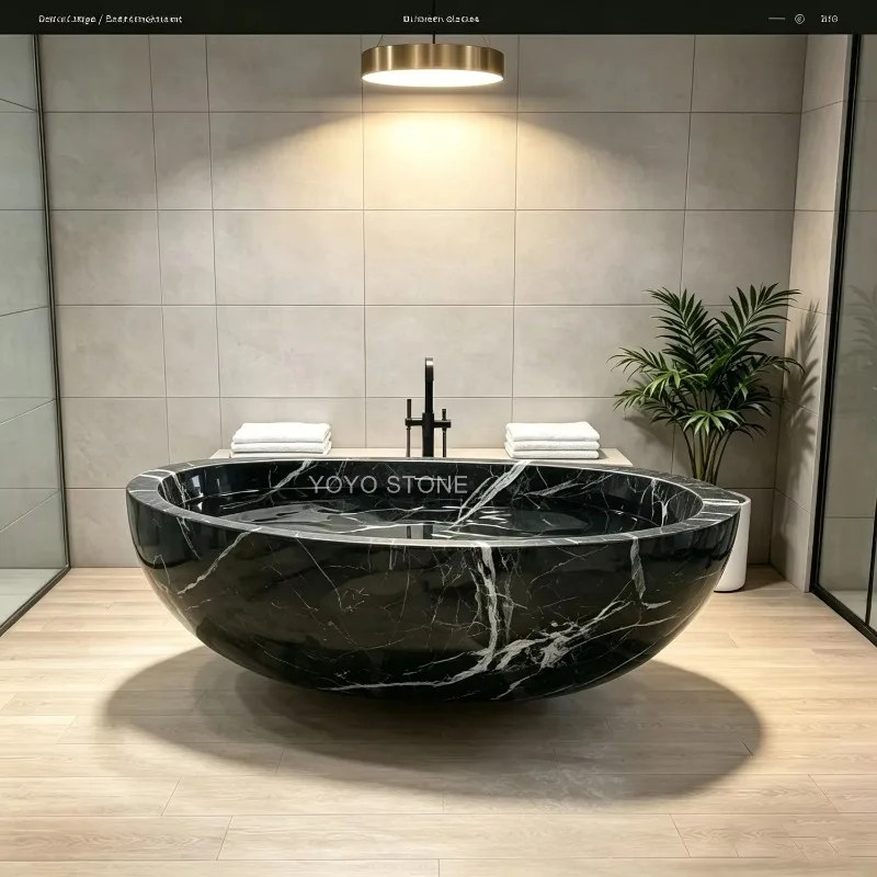Modern Freestanding Black Marble Oval Shape Bathtub Eco-Friendly With Soaking Function For Indoor Home & Hotel Bathrooms