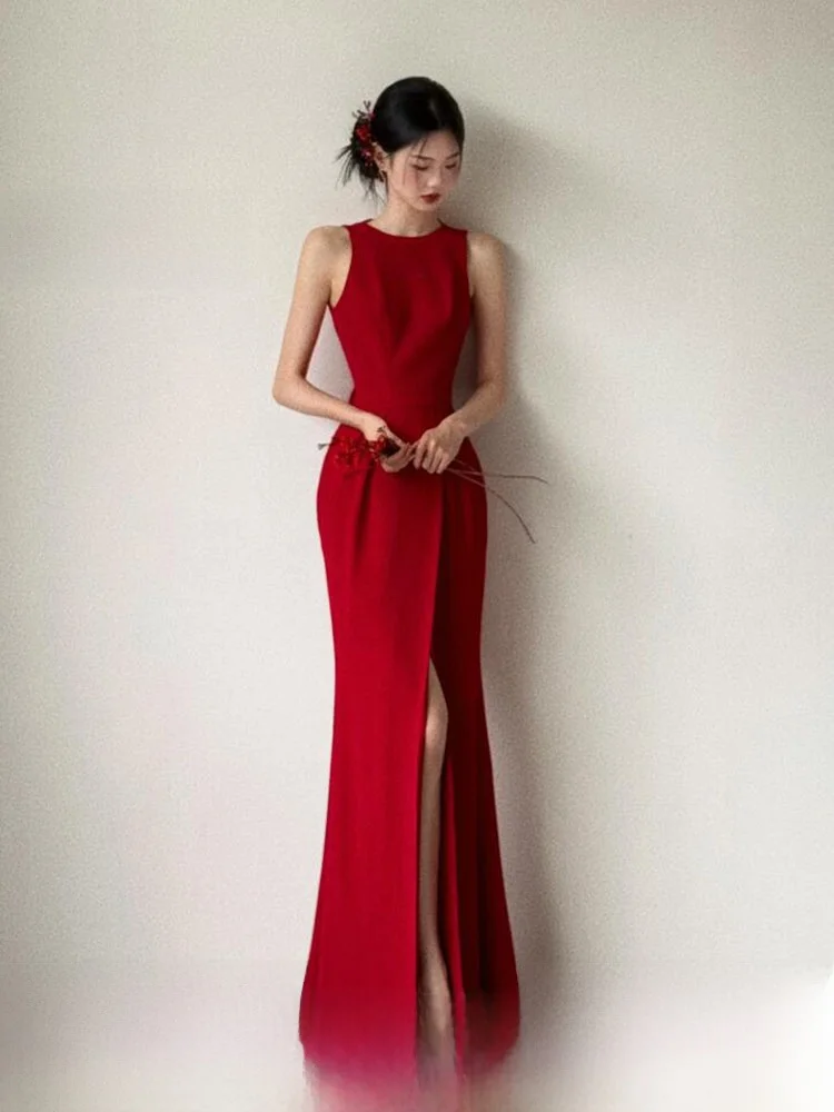 

Red Wedding Dress Elegant Fish Tail Bridal Gown Luxury Sensation Wine Serving Costume Chinese New Bride Long Evening Gown