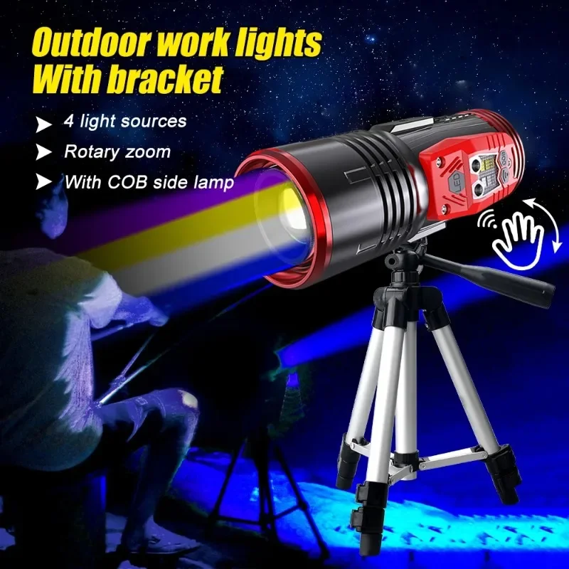 Powerful Night LED Fishing Flashlight Type-C Rechargeable Blue White Yellow Purple 4 Light Source Camping Handlamp with Bracket