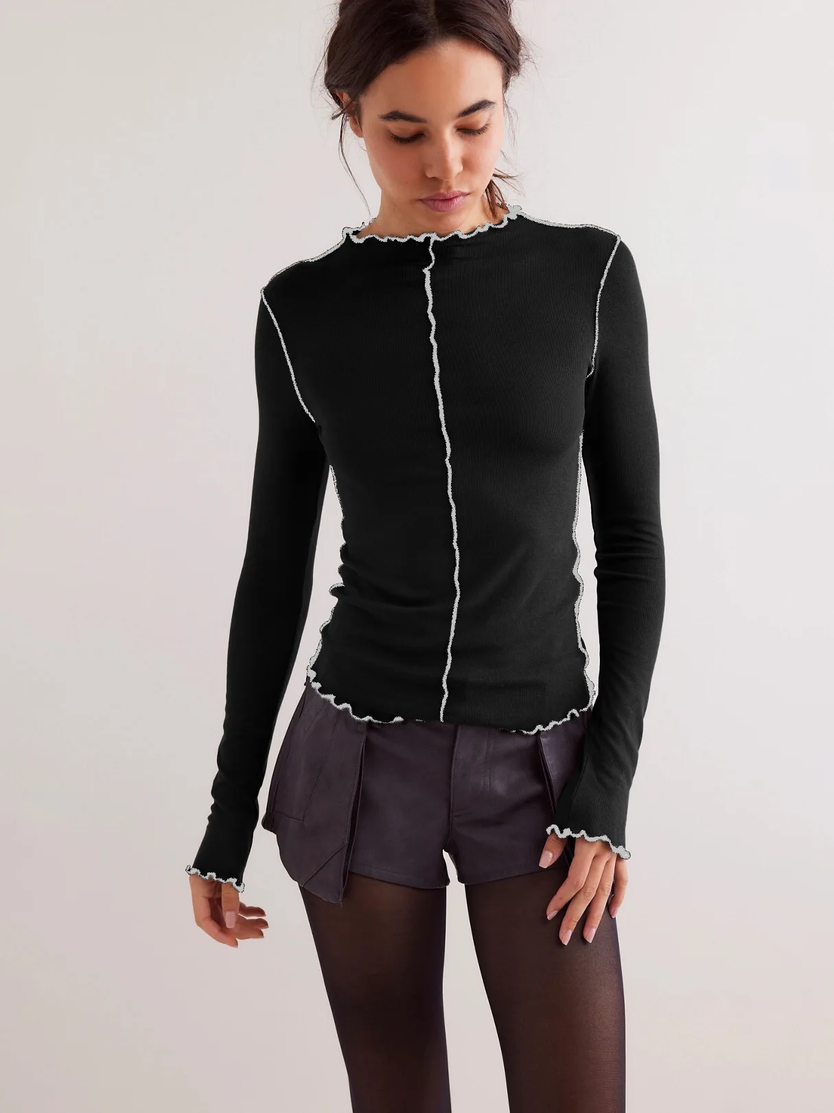 2026 New Color-Block Rolled-Edge Half-High Neck Long-Sleeve T-Shirt, Trendy Slim Fit Versatile Base Shirt