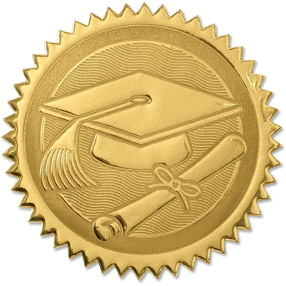 Sceaux de diplôme et de toque de graduation gaufrés avec feuille d'or, 2 pouces, autocollants, 100 unités.
