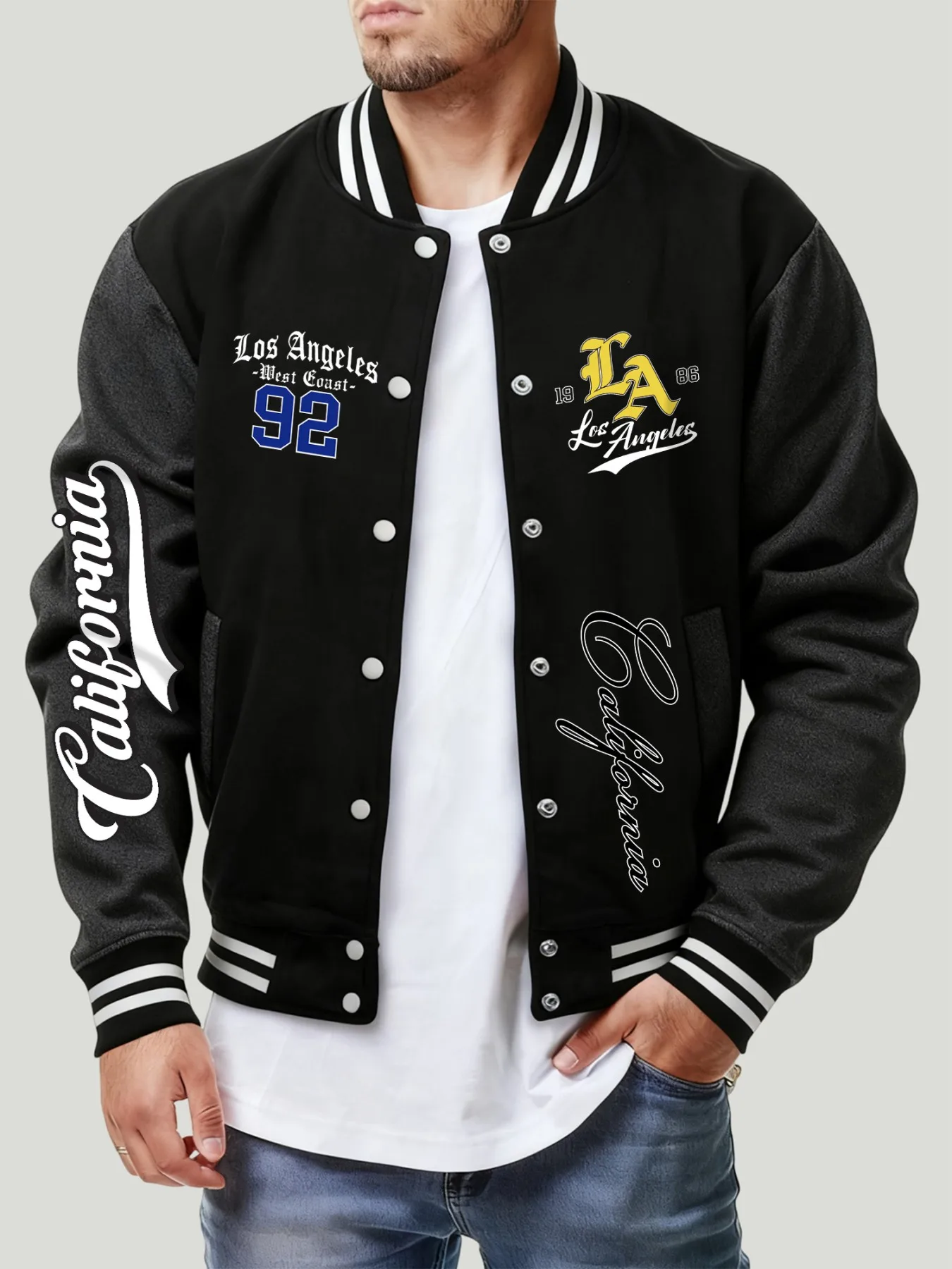 

California Art Letter Printed Men'S Jacket Fashion Fleece Baseball Jersey Casual Button Streetwear Vintage Loose Clothing