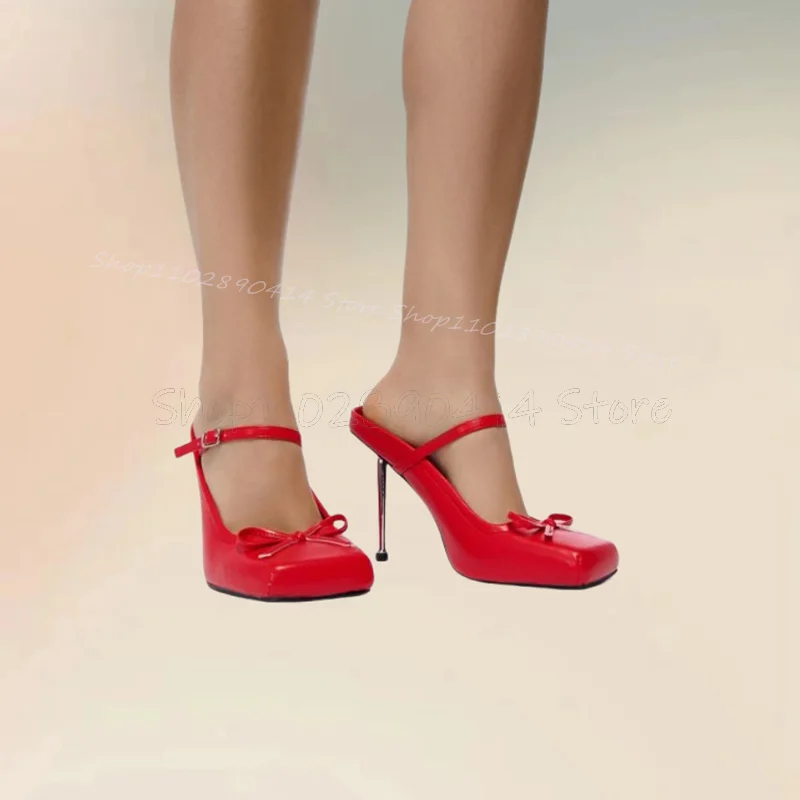 

Red Bow Knot Metal Heel Square Toe Pumps Ankle Buckle Strap Women Shoes Thin High Heels Fashion Banquet 2024 Zapatos Para Mujere