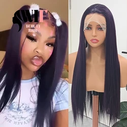 WIF Dark Purple Straight Synthetic Wig Long Straight Free Part Lace Front Wigs Natural Hairline Purpl Hair Daily Makeup Use Wig
