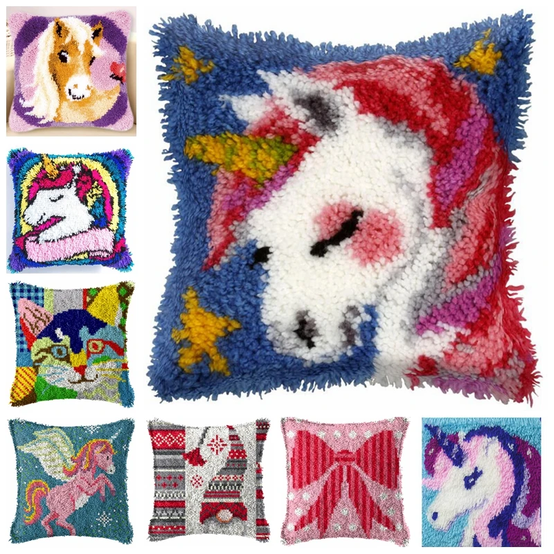 Rainbow Unicorn Latch Hook Cushion Kits Pillow Case Crochet & Crafts DIY Yarn for Embroidery Cushion Cover Sofa Bed Pillows