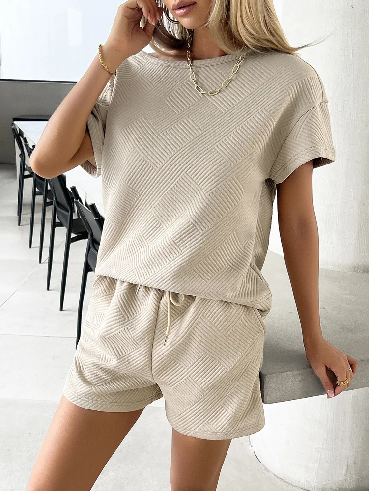 Fitaylor Summer Women Two Piece Sets O-neck T-shirt and Drawstring Wide-leg Shorts Casual Lady Solid Suits