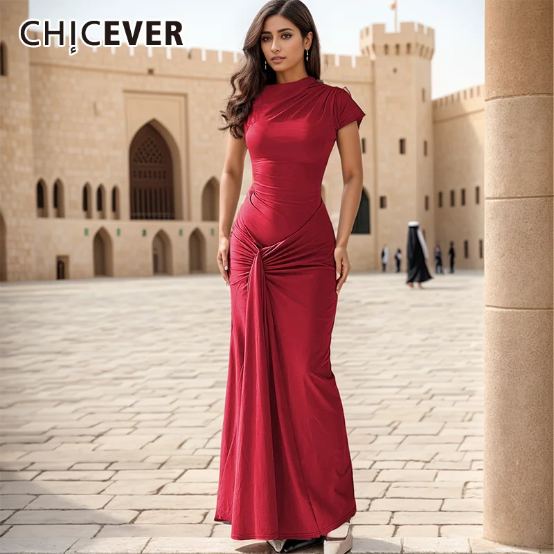 CHICEVER Bandage Spliced Folds Maxi Dress For Women O Neck Flying Sleeve High Waist Slim Club Dresses Female Autumn New Clothing