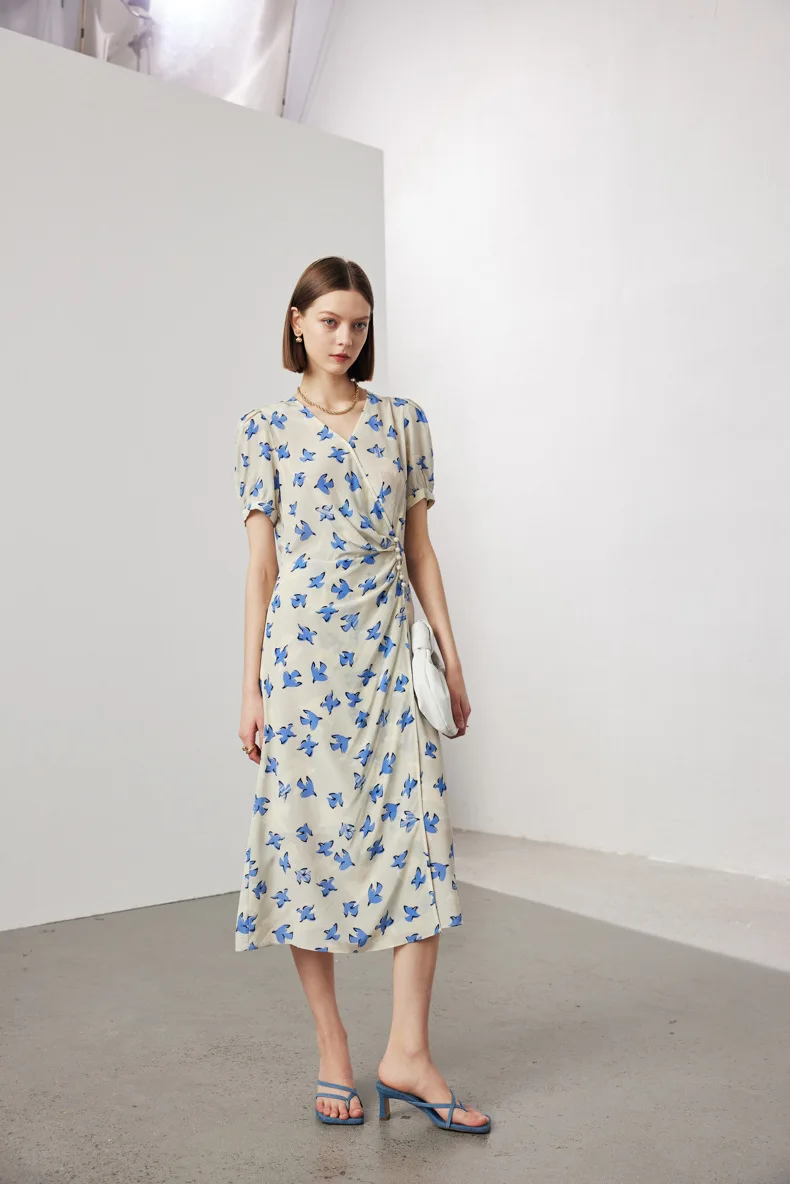 

Summer Women Printed Real Silk Midi Dress Short-Sleeved V-neck Waist Holiday Beach Dresses Slim Fit 100% Mulberry Silk Dress