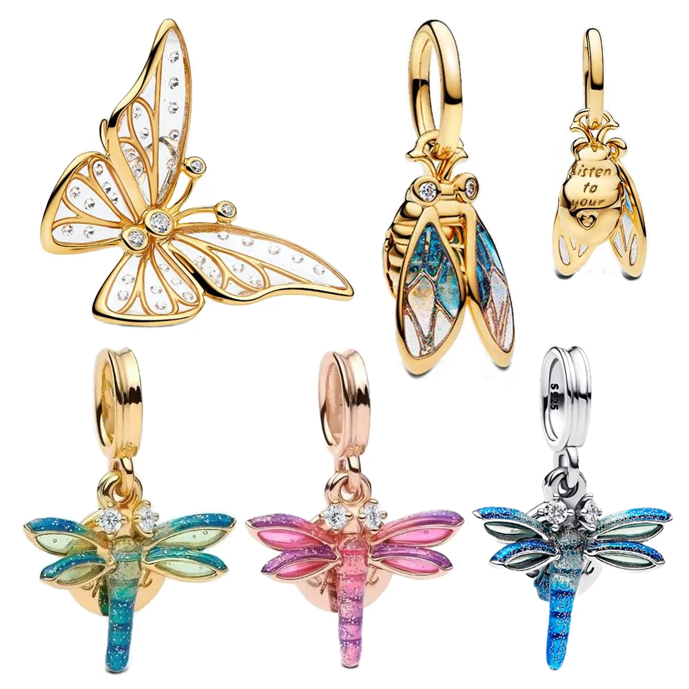 New Model 925 Sterling Silver Butterfly Openwork&Cicada Dangle&dragonfly Dangle Charm Fit Brand Bracelet Ladies' Elegant Jewelry