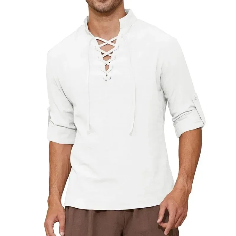 Men's Pirate Shirt Long Sleeve Cotton Linen Medieval Vintage Top Shirts Halloween Costume Cosplay Drawstring V-neck T-shirt
