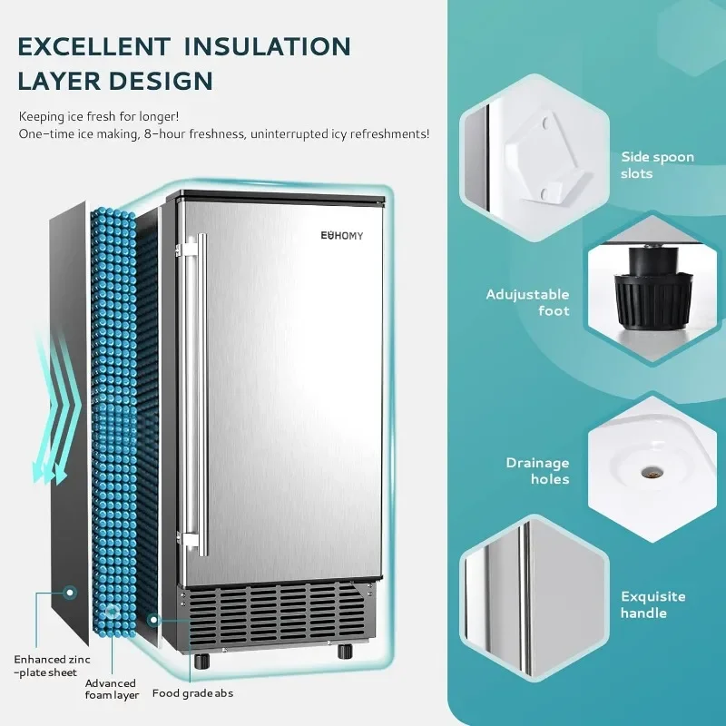 EUHOMY Macchina per il ghiaccio commerciale sotto il bancone, pulizia automatica di 80 libbre/giorno e timer 24 ore, pompa di scarico, acciaio inossidabile