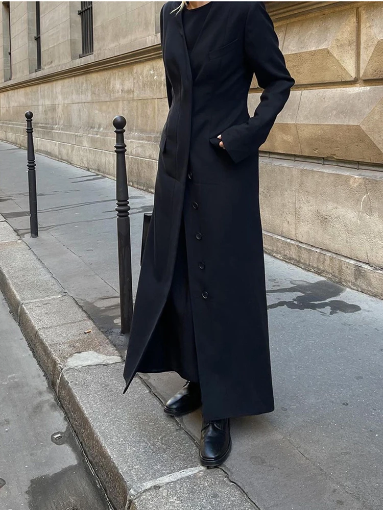 Chaqueta de longitud media con botonadura única para mujer, abrigo de temperamento negro, versátil y a la moda, otoño e invierno, 2024