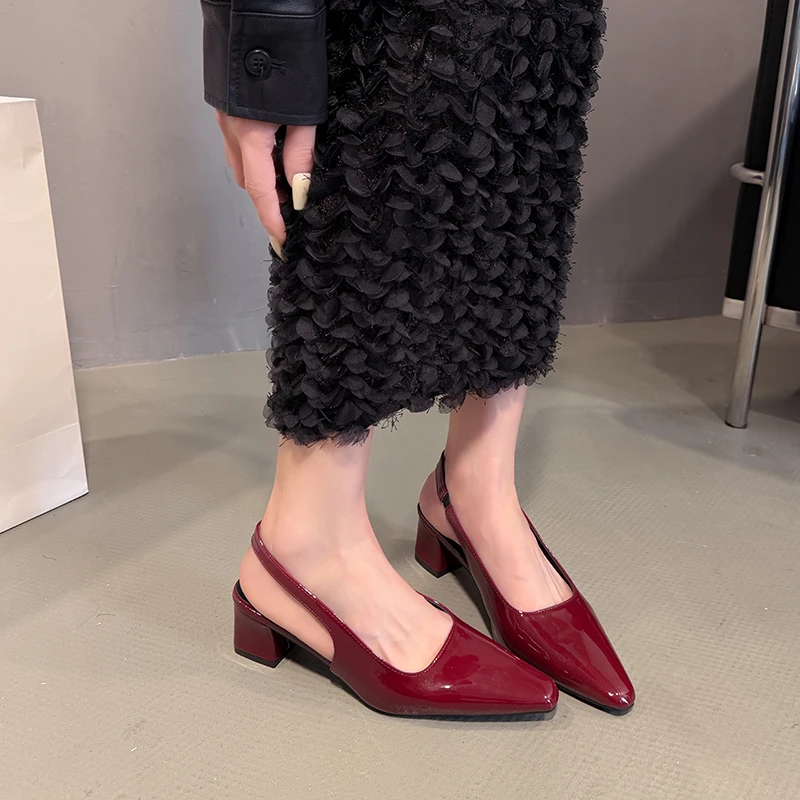 Patent Leather Bag Sandals Summer New Pointed Toe Shallow Mouth One Strap Non-slip Block Heel Shoes view 3