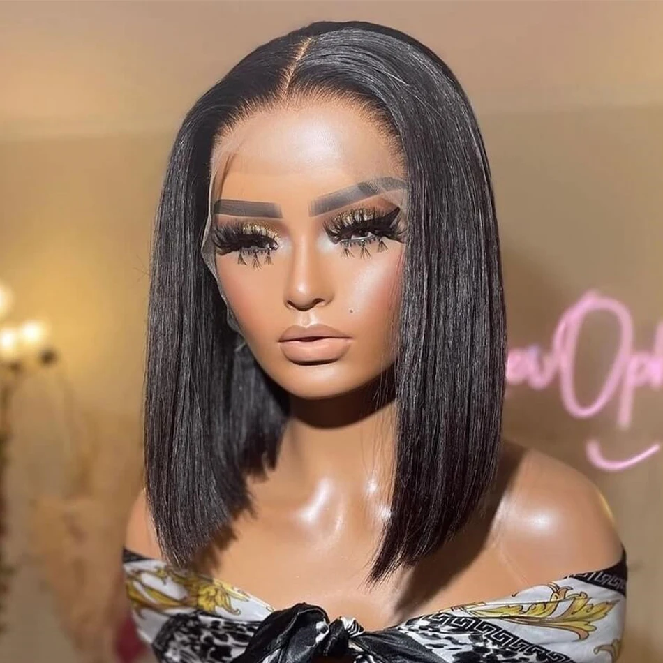 

Straight Short Bob 13x4 Lace Front Wigs Glueless 4x4 Transparent Lace Frontal Wig Preplucked Brazilian 100% Human Hair 14 Inch