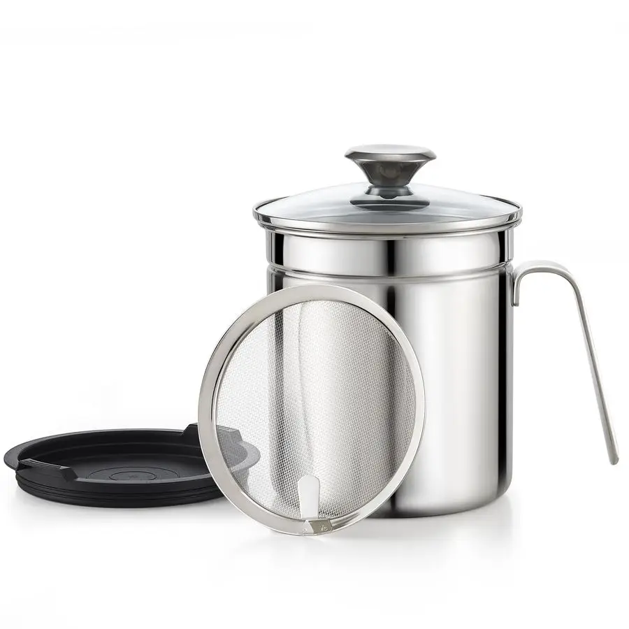 

Bacon Grease Container With Strainer, Stainless Steel Oil Grease Storage Can 2.5 Quart, Pot Fat Storage With Lid, Easy Grip Han