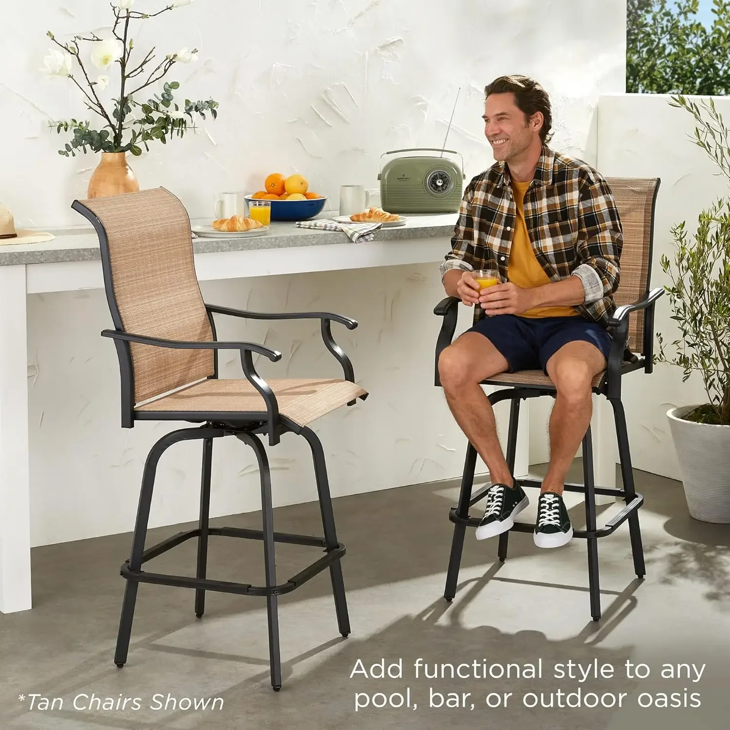 

Set of 2 Swivel Barstools, Bar Height Outdoor Chairs, 360 Rotating Patio Bar Stools w/All-Weather Mesh, 300lb Capacity