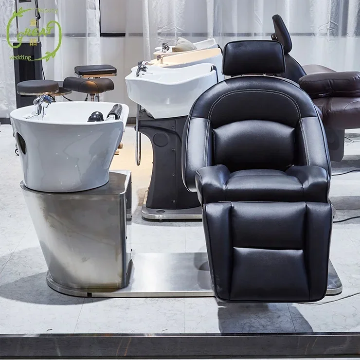 Silver Stainless Steel Base Black PU Leather Electric Shampoo Chairs Set Hair Salon Furniture