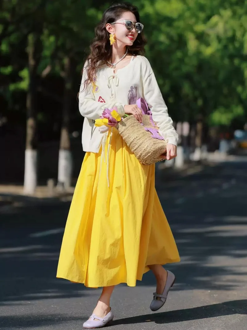 Women High Waist Bright Yellow A-Line Umbrella Skirt Summer Petite Loose Pleated Flowy Swing Big Hem Slim Casual Midi Long Skirt