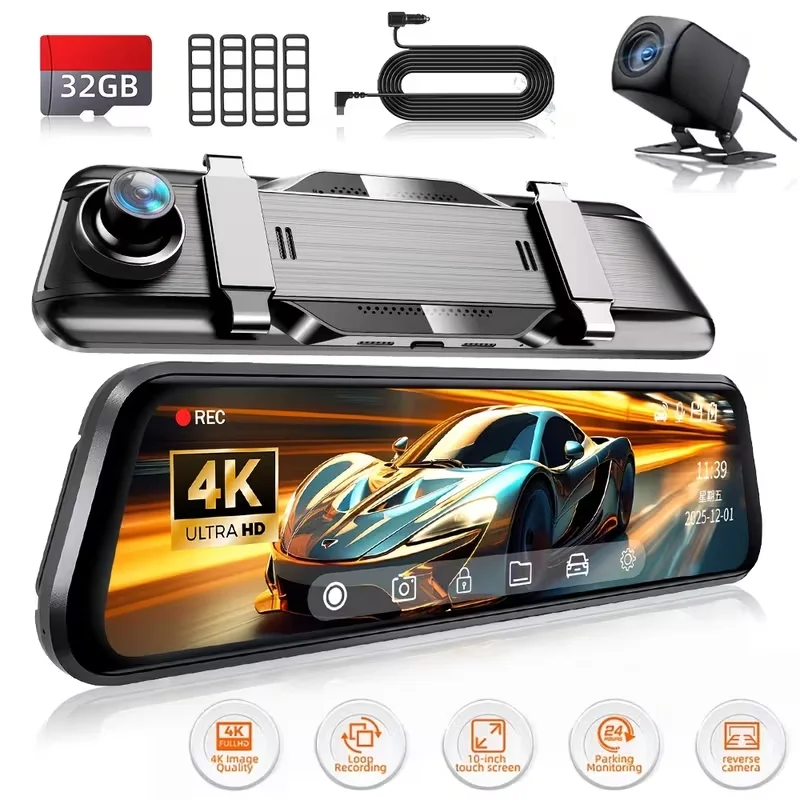 

Видеорегистратор с передним и задним зеркалом 4K, двойные камеры с сенсорным экраном IPS 9,66 дюйма, циклическая запись, G-сенсор, помощь при парковке, резервная камера