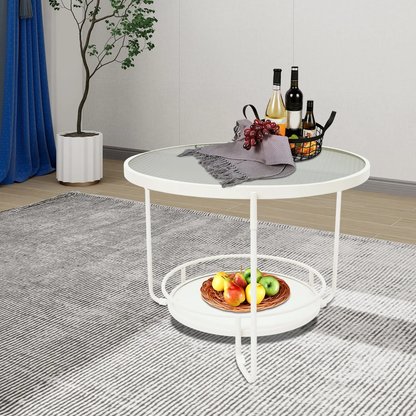 طاولات المقهى الحديثة طاولة جانبية زجاجية مستديرة من طبقتين مع إطار أبيض لأريكة غرفة المعيشة وغرفة النوم