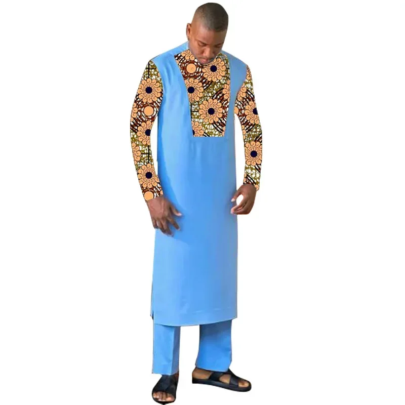 Men Suit African Summer Ethnic Casual Two Piece Sets Embroidery Long Sleeve Full Shirt Trousers Gentleman Africa Outfits