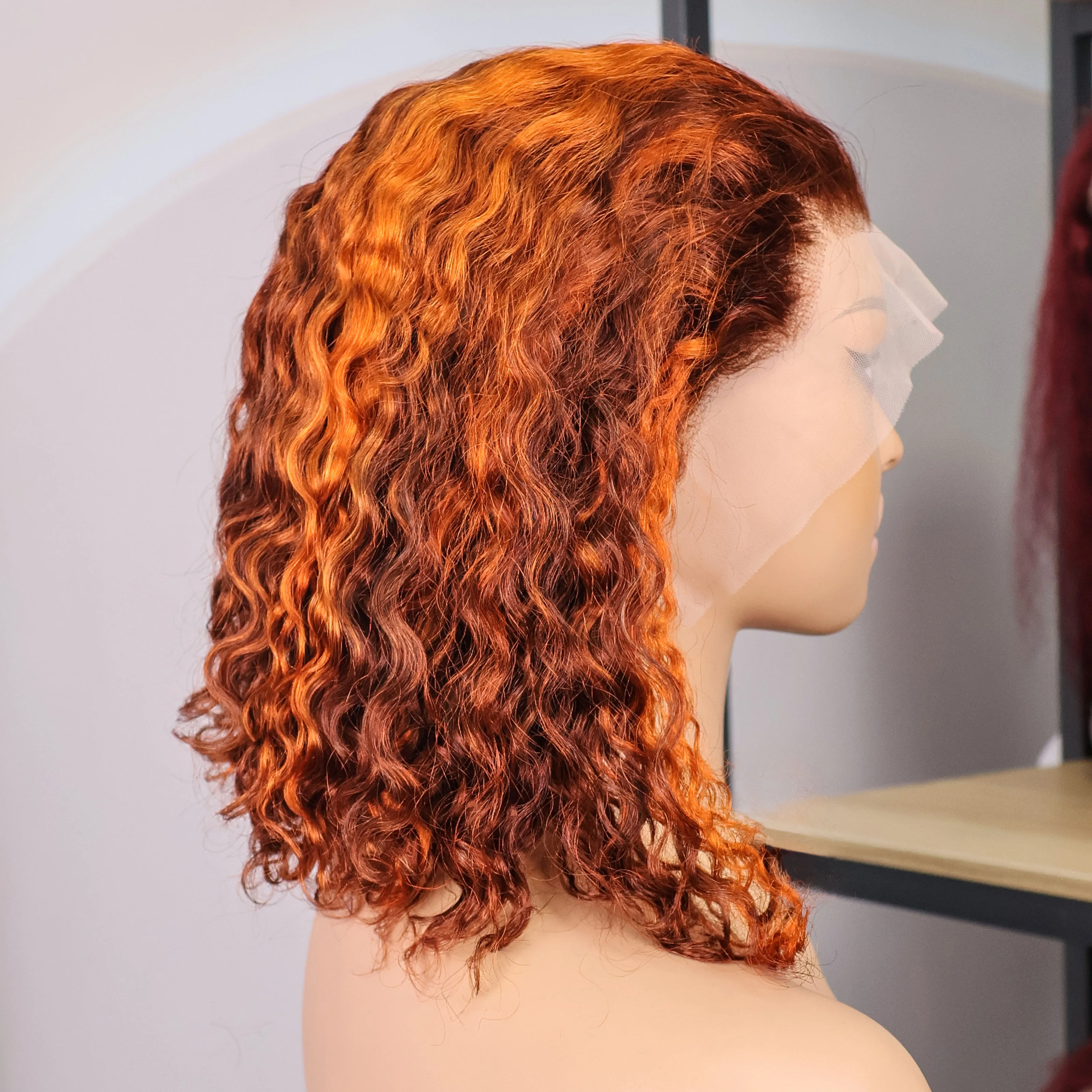 

Highlight 4/350 Short Bob Curly Wigs Brazilian Ombre Ginger Orange Colored 13x4 Lace Frontal Water Wave Wig Human Hair For Women