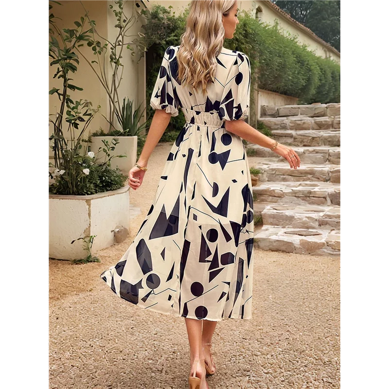 【Party-Decoration】Womens Summer Dresses 2025 Casual Puff Short Sleeve V Neck Floral Boho Maxi Dress
