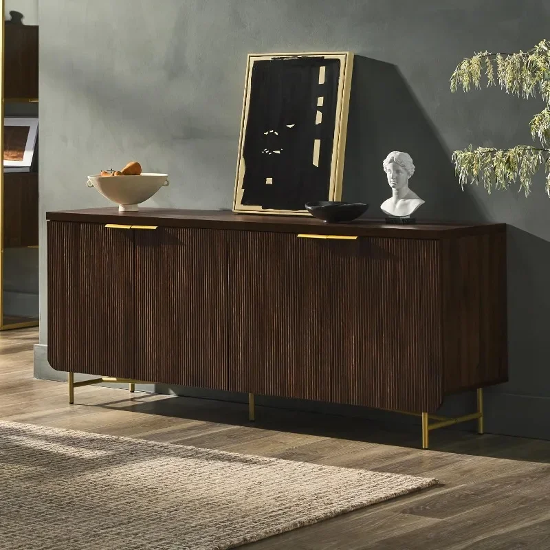 Walker Edison Reema Fluted 4-Door Kitchen Sideboard Buffet Console, 69 Inch, Gold,Dark Walnut