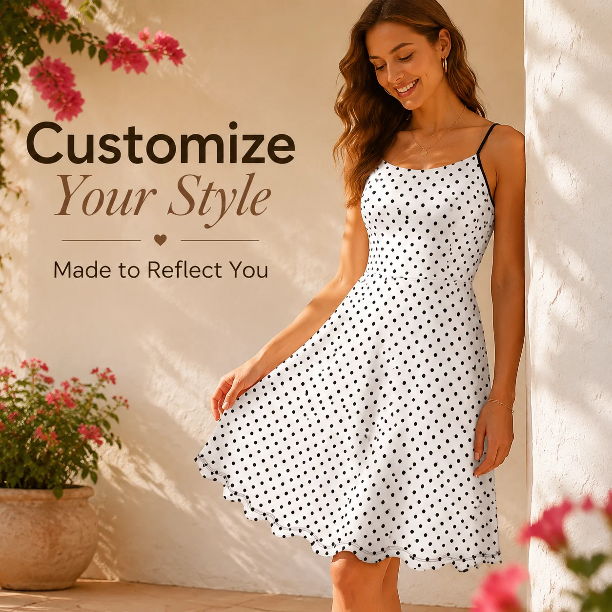 Custom Women Criss Cross Spaghetti Strap Dress Vintage Polka Dot Print Sleeveless A-Line Skater Sundress Summer Party Cami Dress