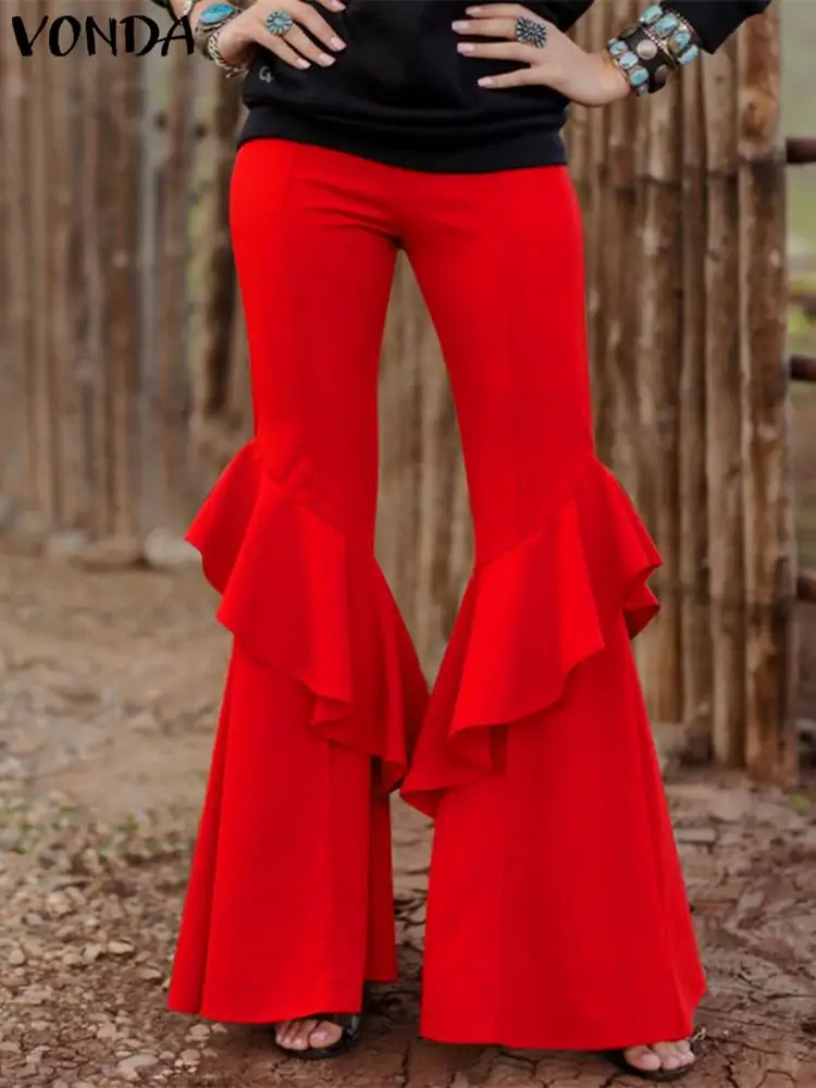 Plus Size 5XL Women Fashion Long Pants VONDA 2024 Streetwear Ruffle Edge Trousers Well Fitting Flared Pants Solid Color Bottoms