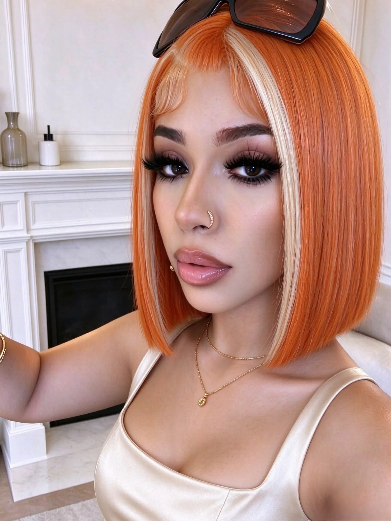 Ginger Orange With Blonde Color Straight Human Hair Wigs Glueless Wig With Baby Hair 200 Density Short Bob Wig Bleached Knot 613 Blonde Highlights Bob Human Hair Wigs 13x4 HD Transparent Lace Frontal Wigs Human Hair For Women Pre Plucked