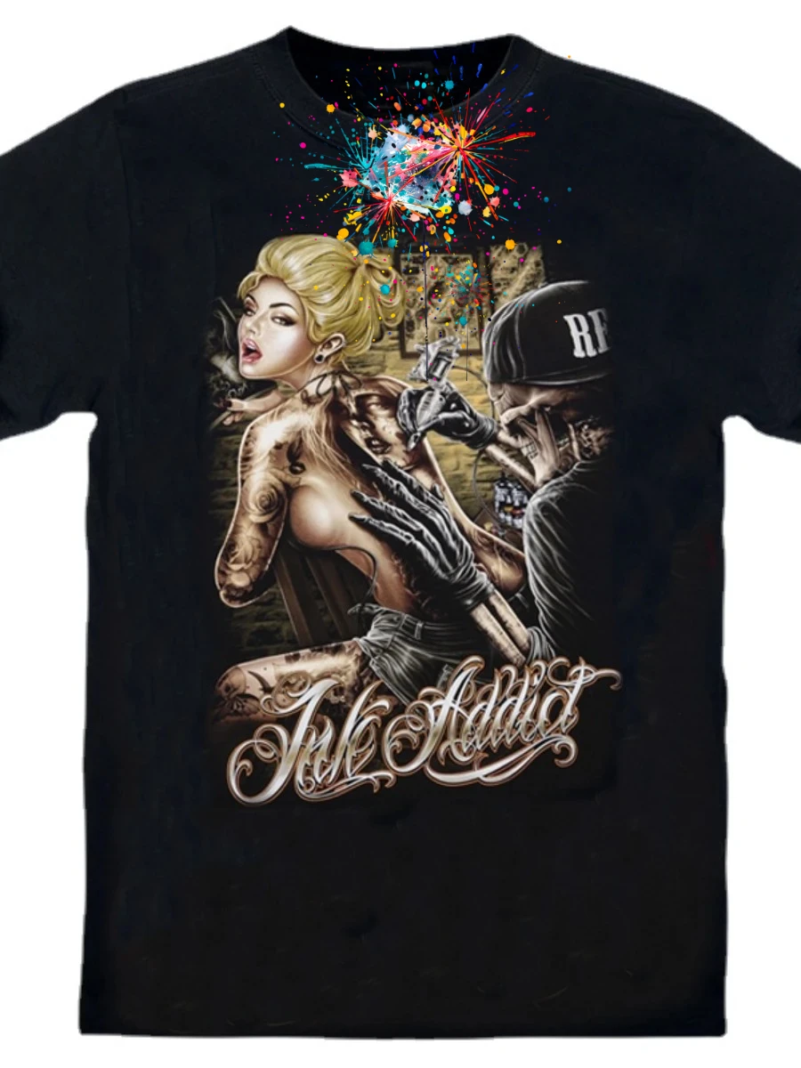 

Cotton Printed T-shirt Skull Tattoos Sexy Beauty Printed Large Men's T Shirt
