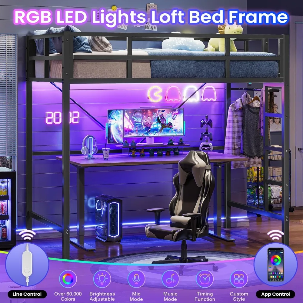 Cama alta dupla com luzes LED, cama alta de metal tamanho duplo com guarda-corpo de comprimento total, rack de roupas, estrutura de cama loft de metal resistente