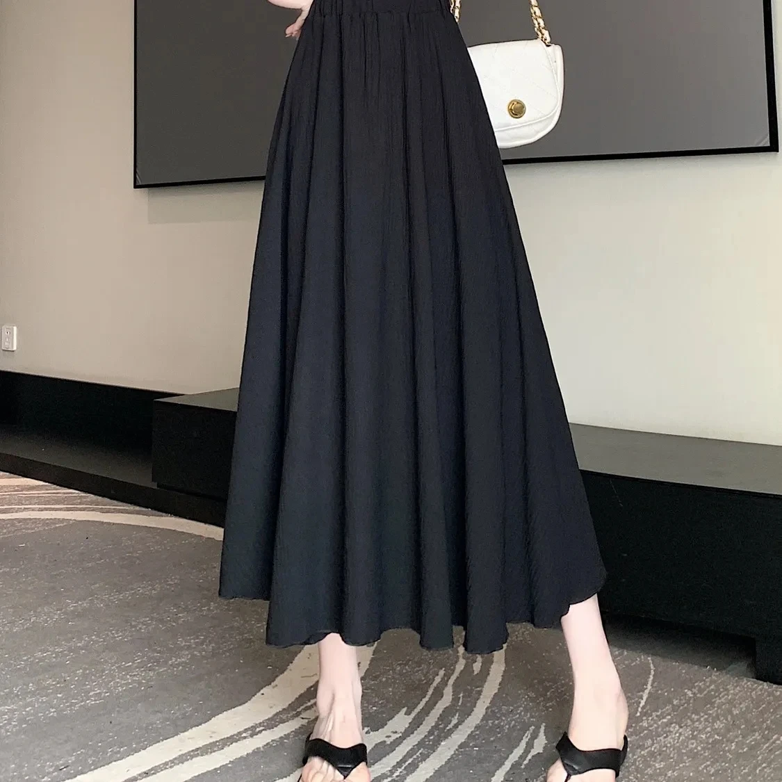 

High-End Linen Cotton Midi Skirt Women Summer New Loose Slim A-Line Long Skirt Beige Korean Sle mid Waist A-ape Skirt