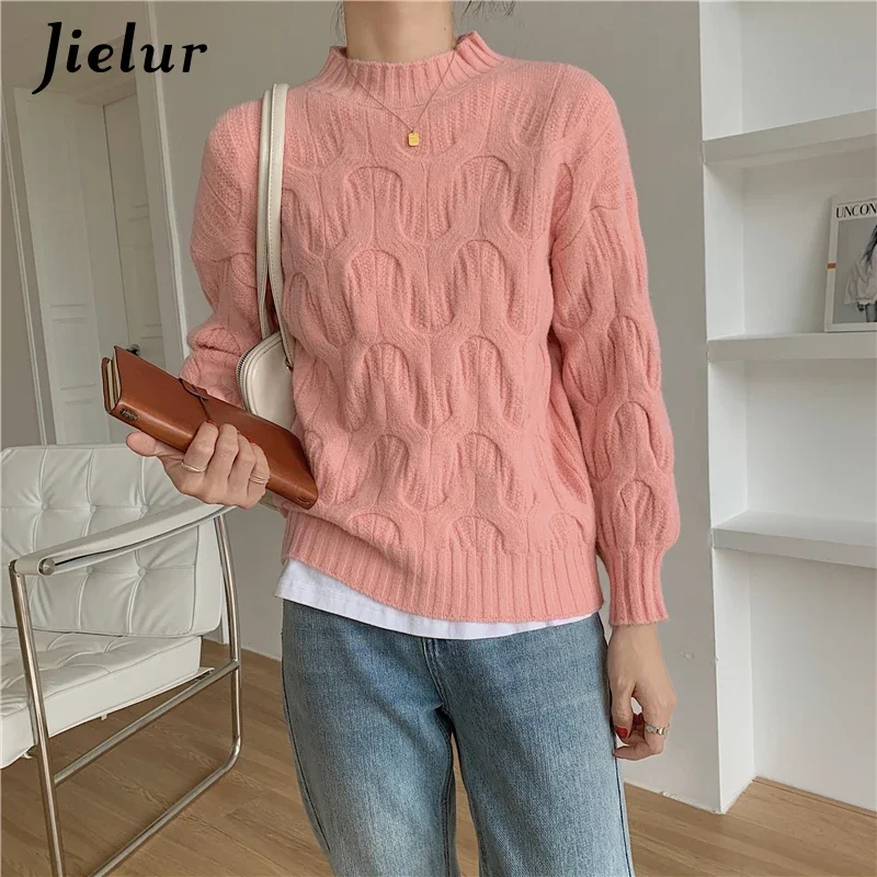 Jielur New Korean Style Winter White Knitted Sweaters Women All-match Pullover Pure Color Fashion Sweater Casual Knitwear Jumper