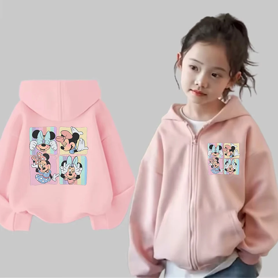 

Matching Girls Pink Hoodie Mickey & Minnie Zip-Up Casual Sweatshirt Cute Cartoon Character Kids Zipper Hoody Top Kids Clothes