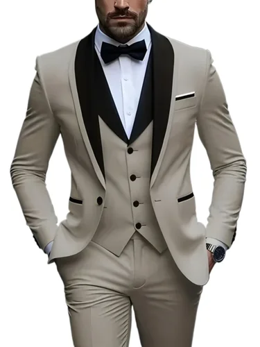Imagen 2 del producto Trajes blancos con abertura para hombre, 3 piezas, chal negro, solapa, esmoquin informal para novio, trajes de padrino de boda para hombre 2025 (Blazer + chaleco + pantalón)