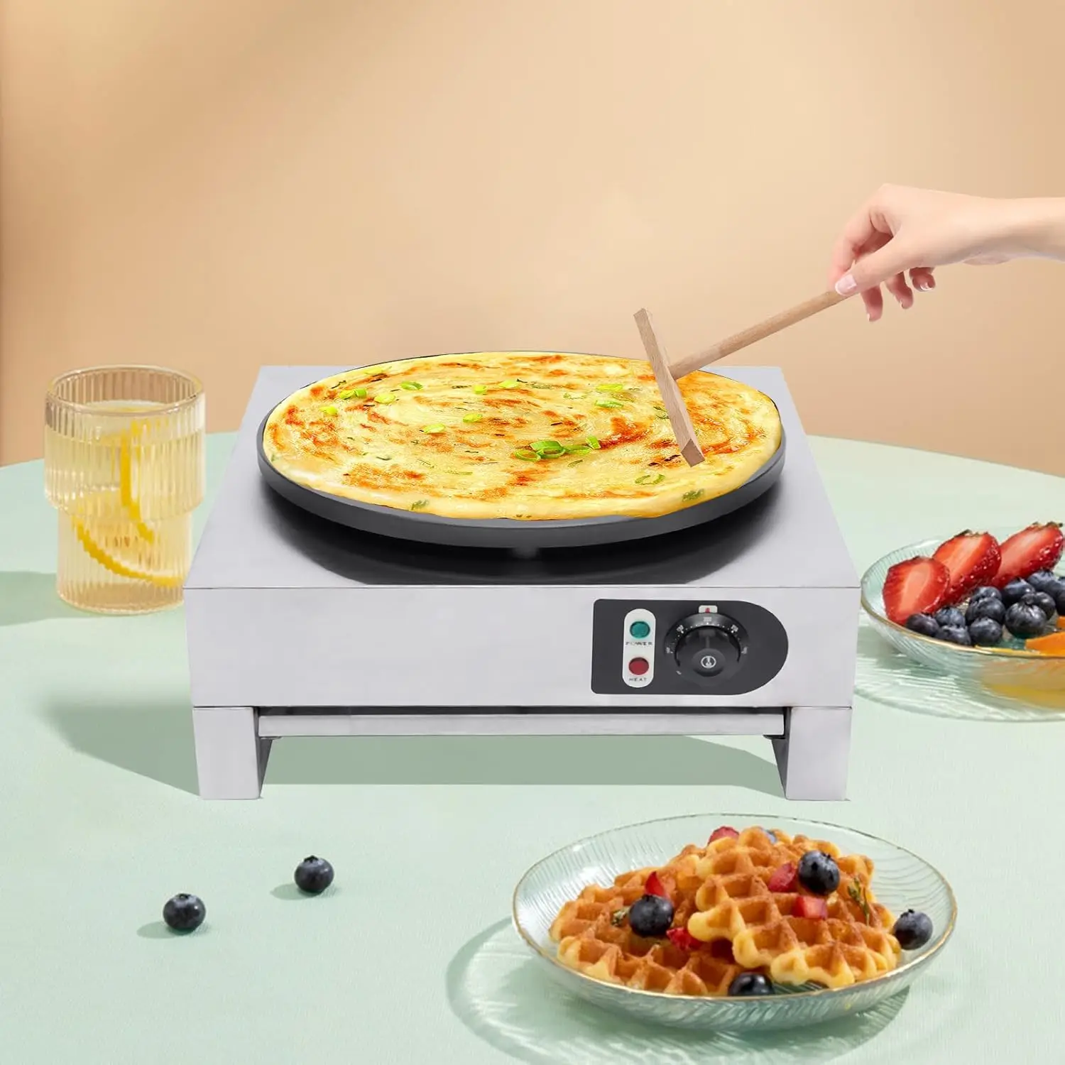 Máquina para hacer crepes eléctrica de 1500W, máquina para hacer tortitas antiadherente comercial de 16 pulgadas, plancha automática para hacer tortitas, temperatura ajustable