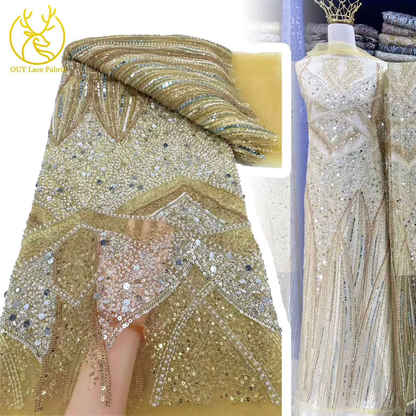 

Newest Luxury French Sequin Lace Fabric 2025 High Quality African Mesh Beaded Lace Fabric For Evening Gown Party Dress Material