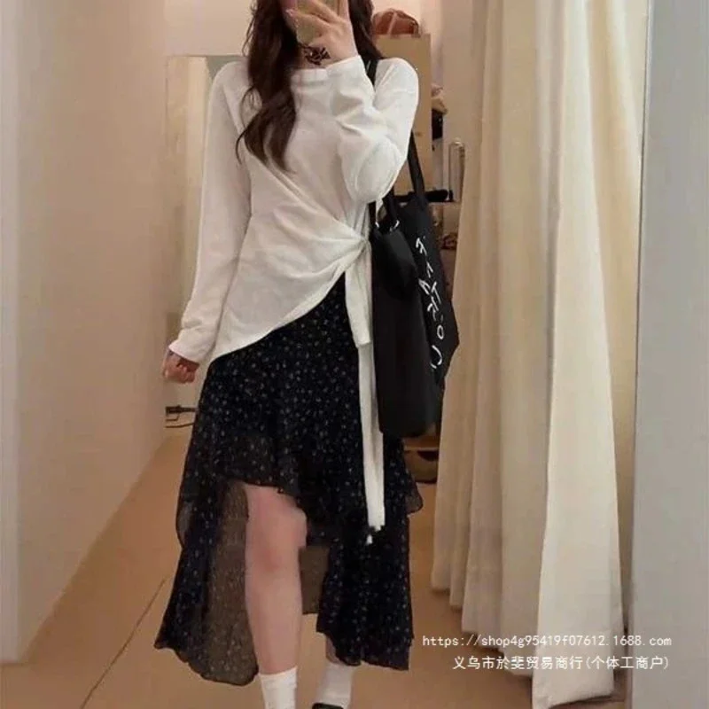 Womens Black Floral Midi Skirt, High Waist A Line Summer, Vintage Casual Korean Sweet Long, Skirts Holiday Streetwear Clothes