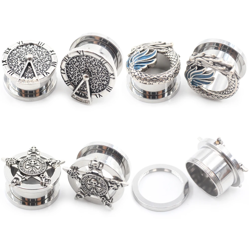Alisouy 1PC Stainless Steel Skull Star Watch Wing Dragon Ear Tunnel Plug Expander Stretcher Gauge Earrings Piercing Body Jewelry