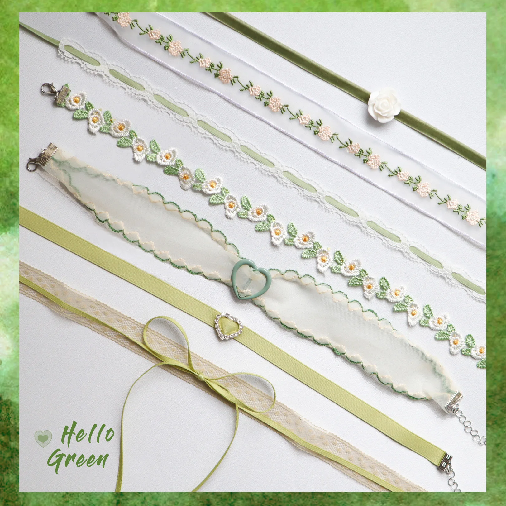 New Korea Fashion Cute Green Color Heart Lace Bowknot Choker Necklace For Y2K Lovely Girl Women Charm Wedding Birthday Jewelry
