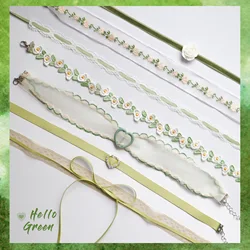New Korea Fashion Cute Green Color Heart Lace Bowknot Choker Necklace For Y2K Lovely Girl Women Charm Wedding Birthday Jewelry