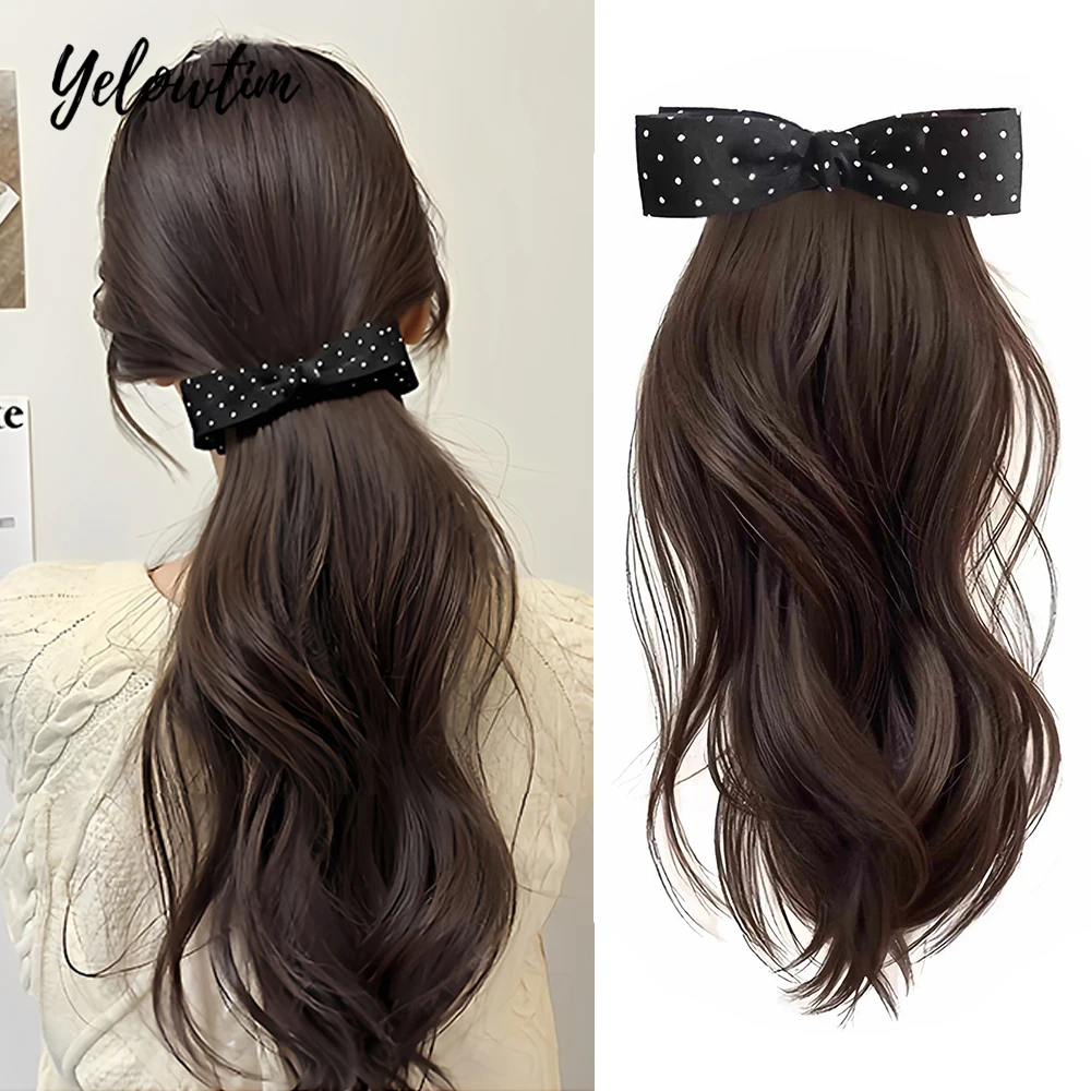

YELOWTIM Elegant Synthetic Silk Bowknot Banana Claw Clip Ponytail Wig With Grab Clip Long Wavy Layered Ponytail for Women Daily