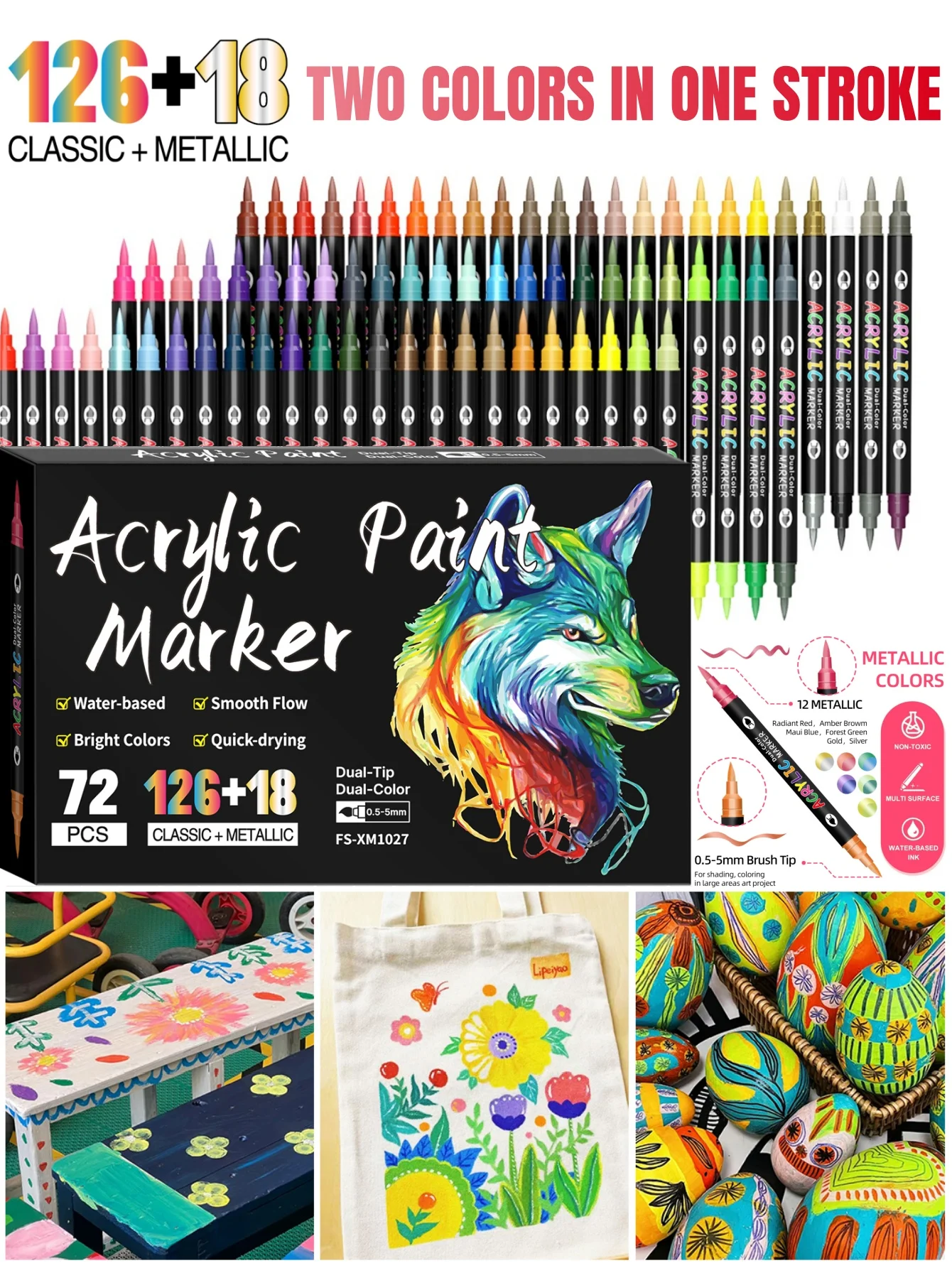 24/48/72/96/144/240 Colors Acrylic Paint Markers, Dual Tips Dual Color for Rock Painting Canvas Glass Ceramic Plastic Soft Brush