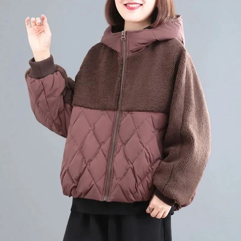 Women\'s Winter Clothing, Loose Fitting And Slimming, Thick Lamb Wool Splicing Jacket Female New Thin Cotton Jacket Warm Cardigan